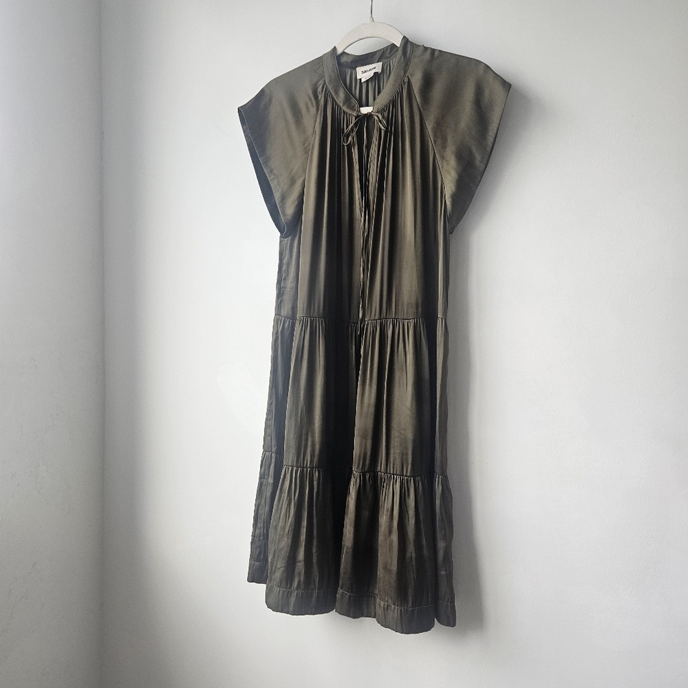 Zadug & Voltaire Rito Tiered Satin Olive Green Flutter Sleeve Dress - Picture 8 of 15